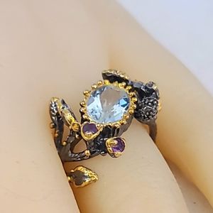 Gomera Jewels Black Sterling Vegetal Collection Blue Topaz Gemstone Ring